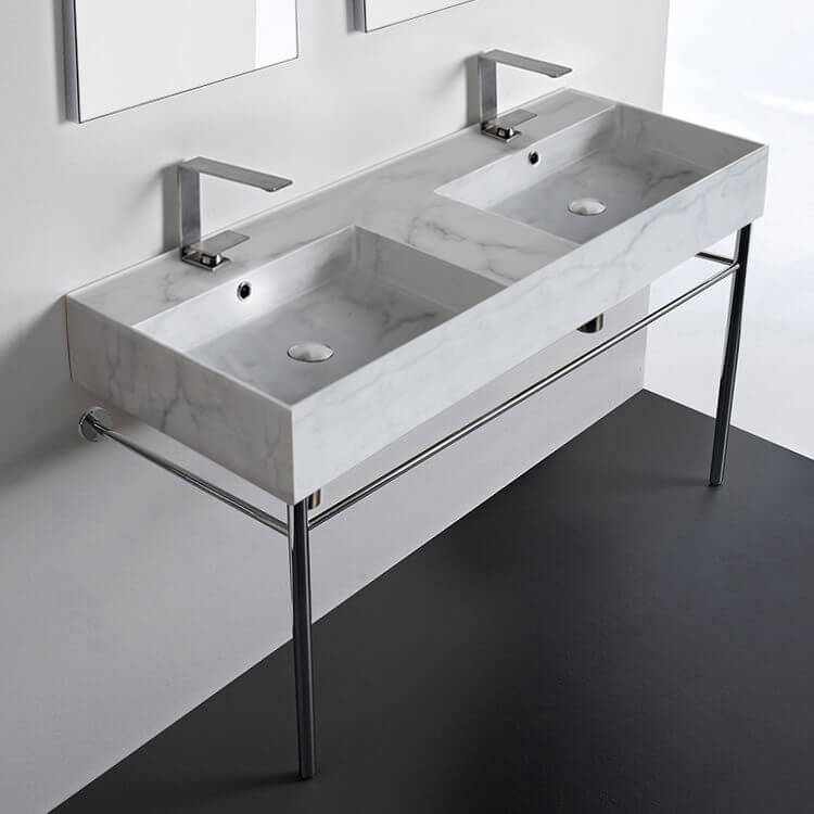 Scarabeo 5143-F-CON Marble Design Ceramic Console Double Sink With Polished Chrome Stand, 48 Inch